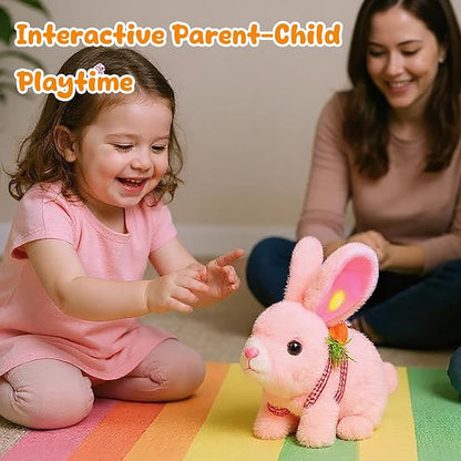 Easfan Walking Pink Rabbit Interactive Electronic Pet Plush Bunny Toy with Sounds Hopping Rabbit Ears Moving Educational Plush Toy Easter Birthday Gifts for Kids Girls, 7''