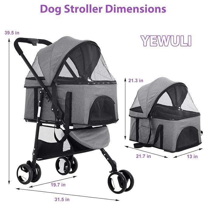 Dog Stroller Pet Strollers 3 Wheel Doggy Stroller for Small Medium Dogs Cats 3-in-1 Detachable Travel Carrier Pet Gear Stroller Wagons for Dogs Trolley for Cat Doggie Rabbit Puppy, Grey