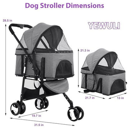 Dog Stroller Pet Strollers 3 Wheel Doggy Stroller for Small Medium Dogs Cats 3-in-1 Detachable Travel Carrier Pet Gear Stroller Wagons for Dogs Trolley for Cat Doggie Rabbit Puppy, Grey