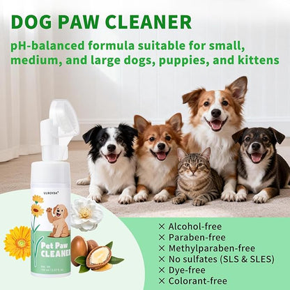 No-Rinse Dog Paw Cleaner, Foaming Pet Paw Washer with Soft Silicone Brush, Waterless Dry Shampoo for Dogs and Cats, Effectively Removes Dirt & Odor, Moisturizing Paw Care, 5.07 fl oz