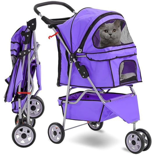 HCY Folding Dog Stroller, 3 Wheels Cat Strollers Pet Gear for Small Medium Cats Dogs Puppy with Storage Basket, Cup Holder,Lightweight-Purple, 35.04inchx17.32inchx38.58inch