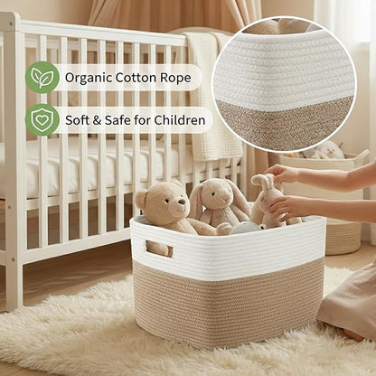 Woven Blanket Basket,65L Large Storage Bin for Blankets Toys Clothes,Decorative Rope Basket for Living Room Bedroom with Handles, White&Oatmeal