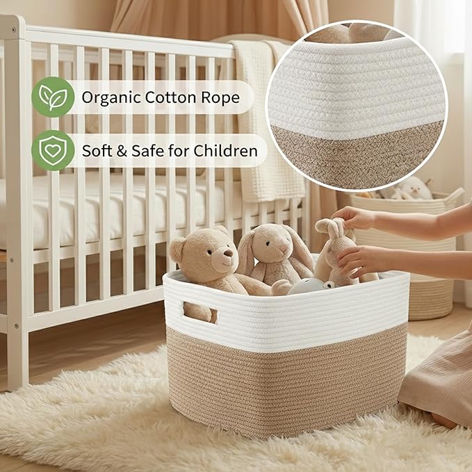 Woven Blanket Basket,96L Large Storage Bin for Blankets Toys Clothes,Decorative Rope Basket for Living Room Bedroom with Handles, White&Oatmeal