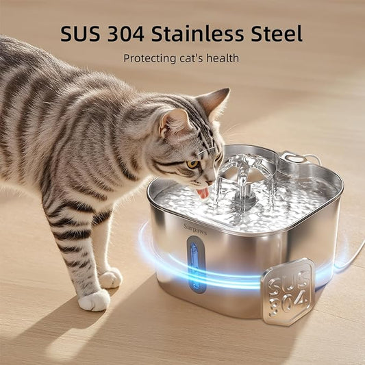 SARPAWS Cat Water Fountain Stainless Steel：74oz/2.2L Water Fountains for Cats Indoor, Cat Fountains for Drinking, Ultra-Quiet, Water Level Window, Pet Water Fountain - 2 Filters + 2 Sponges