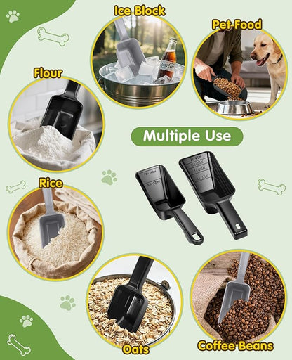 2 Pack Dog Food Scoop with 1 Cup and 2 Cup Capacity, Plastic Pet Food Measuring Scoops with Clear Measurement Lines for Dogs, Cats & More,Dishwasher safe (Grey and Black)