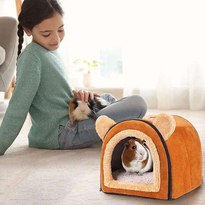 Pet Soft Guinea Pig & Rabbit Cozy Hideout House - Small Animal Bed for Guinea Pigs, Rabbits, Hamsters, Rats & Chinchillas Cave Bed (Brown)