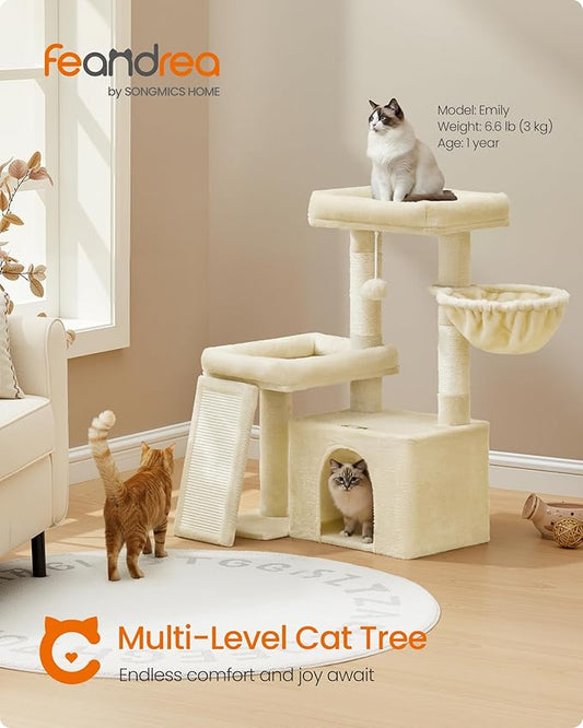 Feandrea Cat Tree, Cat Tower Condo with Scratching Posts and Ramp, 2 Large Perches, Cave, Basket, 33.8 Inches Tall, Summer Sand UPCT013LF02S