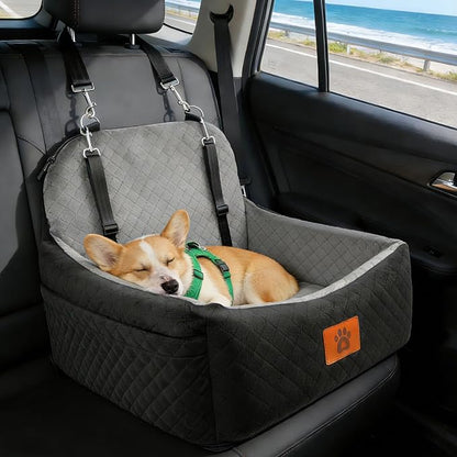 Small Dog Car Seat for Small Dogs Under 30 lbs, Memory Foam Pet Car Seat with Washable Cover, Safety Belts & Side Storage Pockets, Portable Travel Bed for SUV/Sedan (Black/Grey)