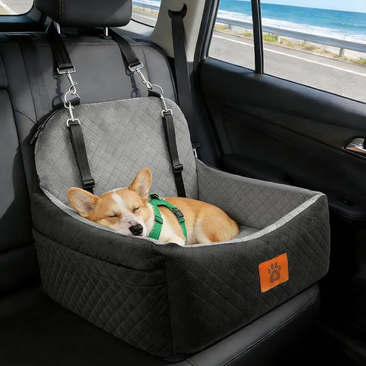 Small Dog Car Seat for Small Dogs Under 30 lbs, Memory Foam Pet Car Seat with Washable Cover, Safety Belts & Side Storage Pockets, Portable Travel Bed for SUV/Sedan (Black/Grey)