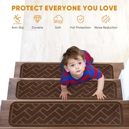 15 Pack 8 "X 30" Non Slip Stair Treads for Wooden Steps, Carpet Stair Treads Made of Polyester and Reusable Adhesive, Stair Runner Rugs for Kids, Elders and Pets (Brown)