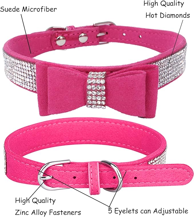 Bling Dog Collar for Small Medium Large Dogs, Crown Rhinestone Dog Collars for Girl and boy Dog, Diamond Puppy Collars, Adjustable Leather Suede SOFE Cat Collar (XS(8.2"-10.6"/21CM-27CM), Rose Red3)