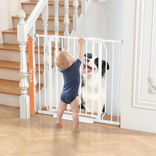 34" Extra Tall Baby Gate for Stairs, Auto Close Stroller Friendly Dog Gate Indoor for Doorways, Pressure Mounted 29"-40" Wide Baby Gate, Easy Walk Through Gate for Children & Pets, White