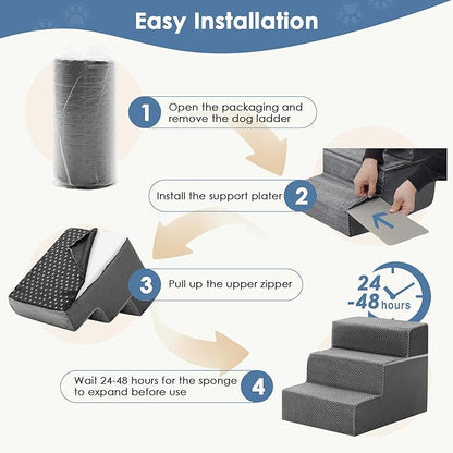 DUMOS Dog Stairs for Small and Medium Dogs, 3-Step Pet Steps with High-Density Foam, Indoor Non-Slip Pet Ramp for Puppy and Older Dogs Cats, Dog Bed Stairs for Couch and Sofa, Grey