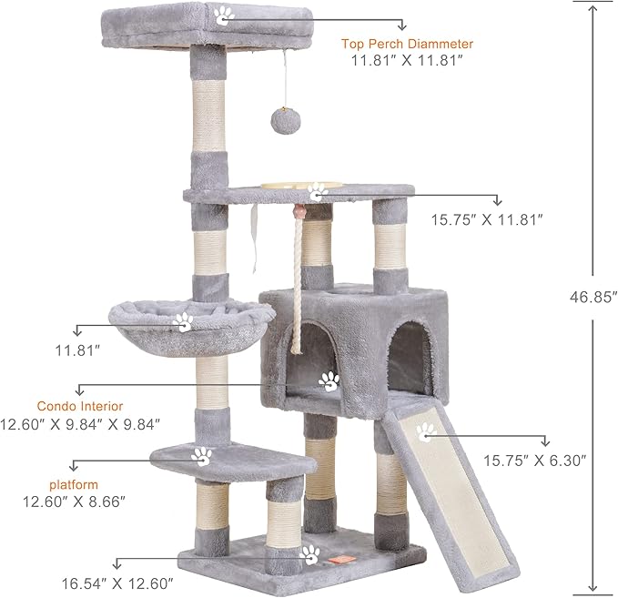 Heybly Cat Tree, Cat Tower for Indoor Cats with Scratching Board, Multi-Level Cat Furniture Condo with Feeding Bowl Light Gray HCT010SW