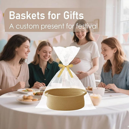 Woven Basket,Small Rope Storage Bin with Handles & Ribbon Bag, Organizer for Shelves Closets,Gift Basket Empty for Birthday,Books,Dog Toys, Jute/3 Pack