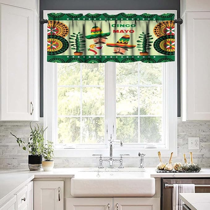 Mexican Style Valances Curtain for Kitchen Cafe, Mexican Sombrero Pepper Guitar Window Treatment Valances Short Curtains Rod Pocket Drape for Dining Room Home Decor, 54x18inch
