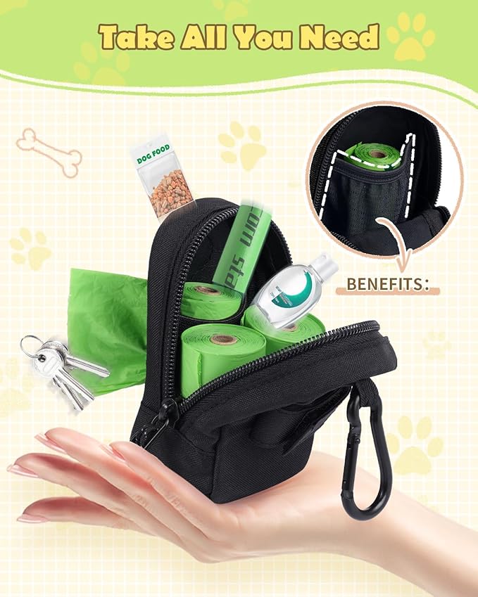Dog Poop Bag Holder, Hands Free Cute Dog Poop Bag Dispenser for Leash with Big Opening Pet Waste Bag Holder Zippered Pouch with Carabiner Hook Waterproof Pet Poop Bag Holder Black