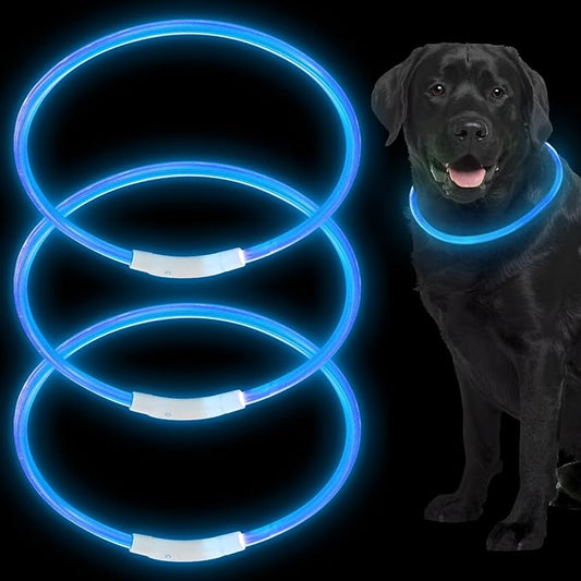 Weewooday 3 Pcs Dog Collar USB Rechargeable LED Light up Dog Collar Flash Waterproof Pet Necklace Pet Lights for Night Walking Adjustable Safety Necklace for Large Medium Small Puppy(Blue)