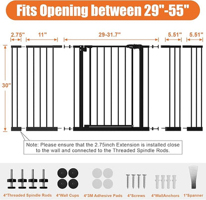 keny 29"-55" Extra Wide Baby Gate, Pressure Mounted No Drilling Dog Gate for Stairs Doorways, Easy Walk Through Safety Gate for Babies or Pets, 30" Tall, Black