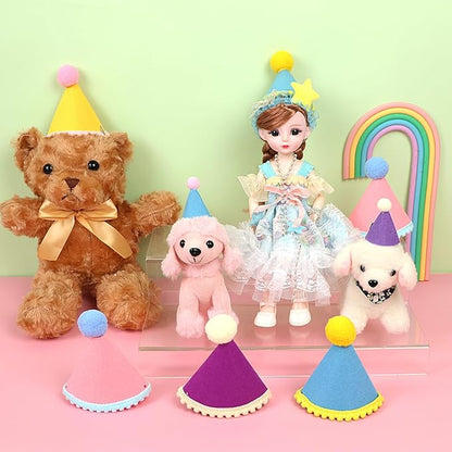 12 Pack Mini Party Hats for Stuffed Animals, Birthday Party Cone Hats, Rainbow Themed Felt Hat for Dolls Dog Cat Rabbit Puppies Assorted Animal Birthday Decorations - No Assembly Required