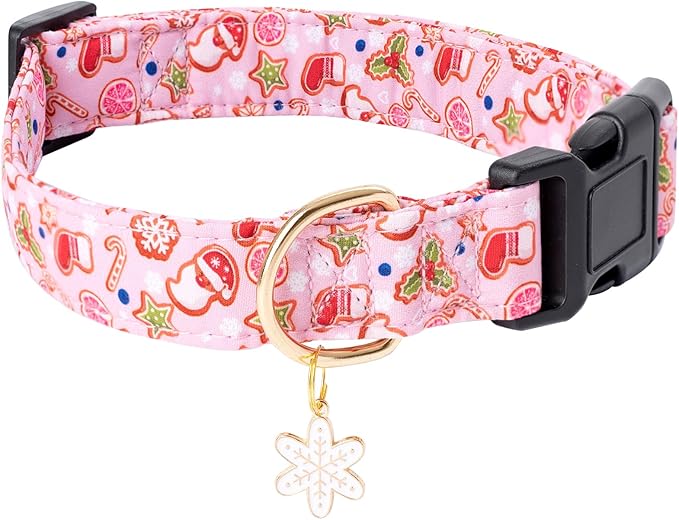 Faygarsle Pink Dog Collar With Christmas Design Pattern for Small Medium Large Dogs - Cute Stylish Girl Boy Christmas Collar S