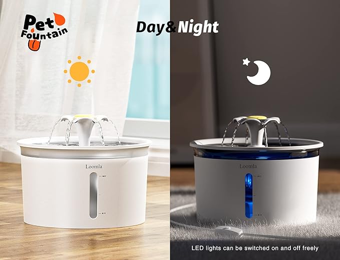 Loomla Cat Water Fountain, 85oz/2.5L Pet Water Fountain Indoor, Automatic Dog Water Dispenser with Switchable LED Lights, 2 Replacement Filters for Cats, Dogs, Pets (White)