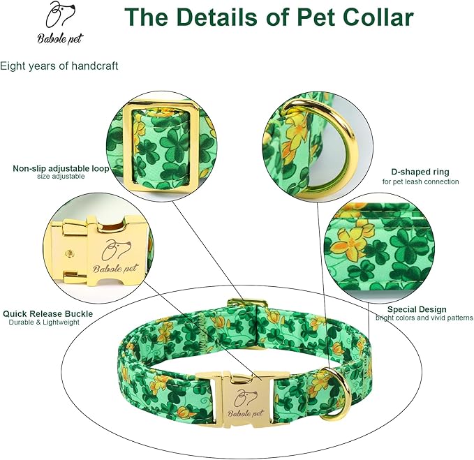 St. Patrick's Day Dog Collar for Puppy Small Dogs - Lucky Festival Dog Collars, Green Clover & Floral Pattern, Adjustable Heavy Duty Spring Dogs Collar with Metal Buckle XS