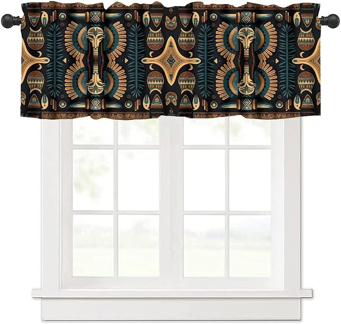 Vintage Ancient Egypt Valance Curtains, Retro Ethnic Old Egyptian Floral Geometric Print Mysterious Traditional Egypt Culture Window Valance Curtain for Farmhouse Bedroom Living Room Kitchen 54x18inch