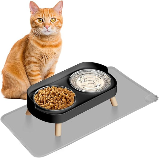 Elevated Cat Bowl with Food Mat, Raised Cat Food and Water Bowl Set for Indoor Cats, Splash Proof with 2 Stainless Steel Pet Food Bowls for Cats and Puppies,Whisker Fatigue and Dishwasher Safe (Black)