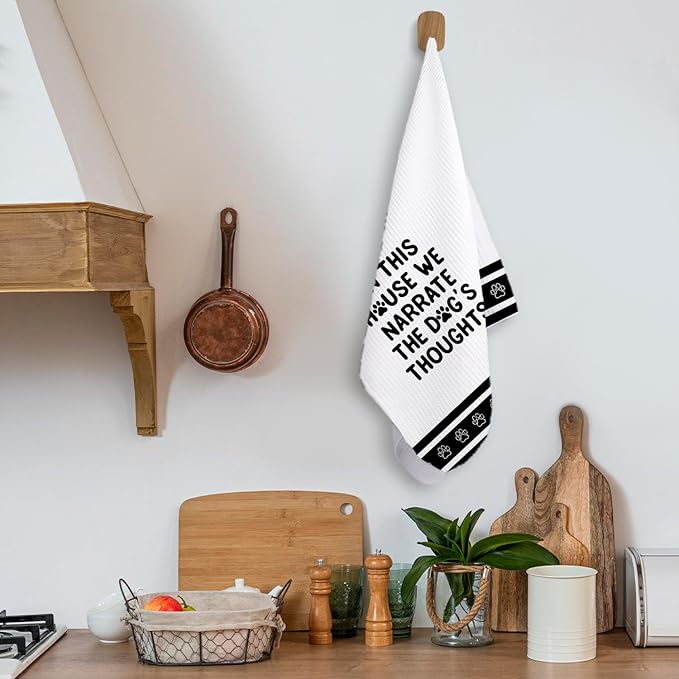 Funny Dog Kitchen Towels, Dog Mom Dad Lovers Gifts Dish Tea Towels, Pet Lover Gifts, in This House We Narrate The Dogs Thoughts Decorative Hand Towels for Kitchen Bathroom Decor, 16x24 Inch