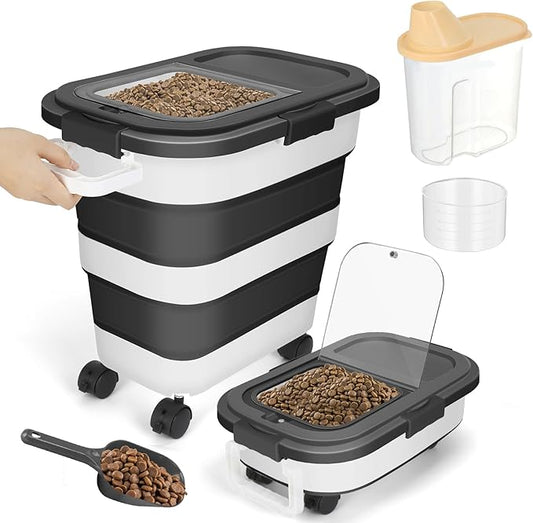 25Lbs Dog Food Storage Container, Large Collapsible Pet Cat Food Container with Airtight Lids Wheels Handle Scoop Measuring Cup Small Container, Rice Kitchen Dry Food Storage Dispenser Bin (Black)