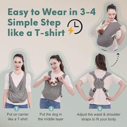 Supet Dog Sling Carrier for Small Pets, Hands Free Cat Sling, Reducing Back Neck Pain Anti-Anxiety Puppy Front, Adjustable Soft Dog Carrying (Grey, Regular)