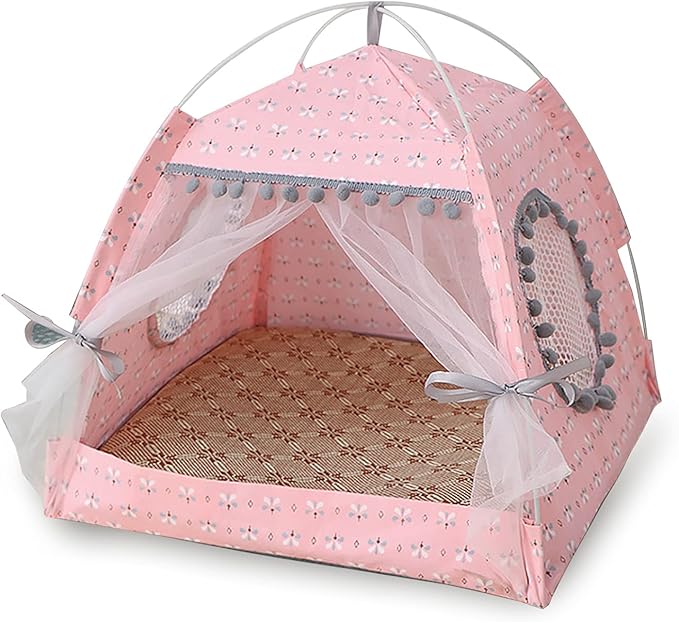 Gigreinc Cat Princess Indoor Tent House Pet Dog Cute Floral Cave Nest Bed Portable Dog Tents (L:48x48x46cm/18.8x18.8x18inch, Floral Pink)