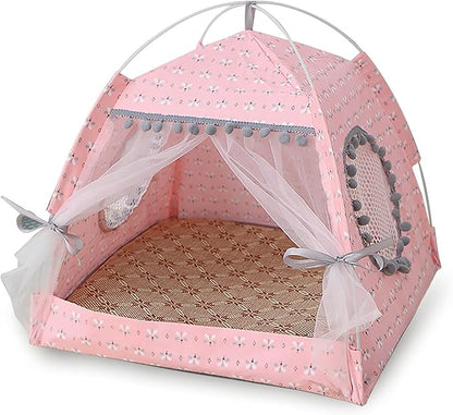 Gigreinc Cat Princess Indoor Tent House Pet Dog Cute Floral Cave Nest Bed Portable Dog Tents (L:48x48x46cm/18.8x18.8x18inch, Floral Pink)