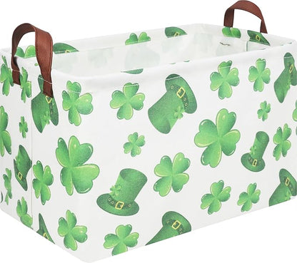 Rectangular Four Leaf Clover Lucky Gift Basket,St. Patrick's Day Toys Storage Bin for Kids,Baby Room Decor(Clover)