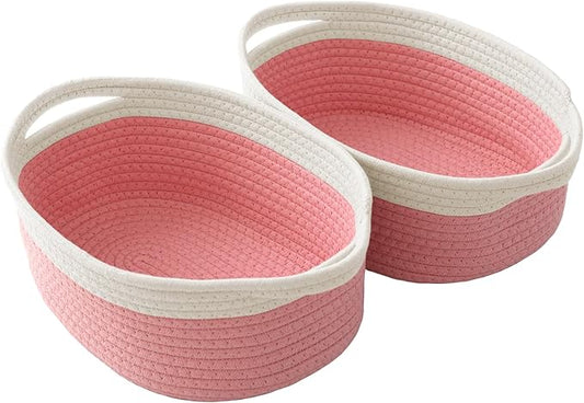 Woven Basket,Small Rope Storage Bin with Handles & Ribbon Bag, Organizer for Shelves Closets,Gift Basket Empty for Birthday,Books,Dog Toys, White&Pink/2 Pack