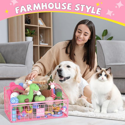Indestructible Dog Toy basket, Medium Toy Box for Dogs,Pet Toy Bin Dog Metal Basket for Toys, Toy Storage Organizer, Living Room Area (Pink)