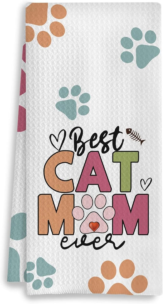 Best Cat Mom Ever Kitchen Towels, Cat Mom Lady Lover Gifts for Women, Cute Kitty Kitten Paw Decorative Dish Tea Hand Towels for Kitchen Bathroom, 16x24 Inches(Style B)