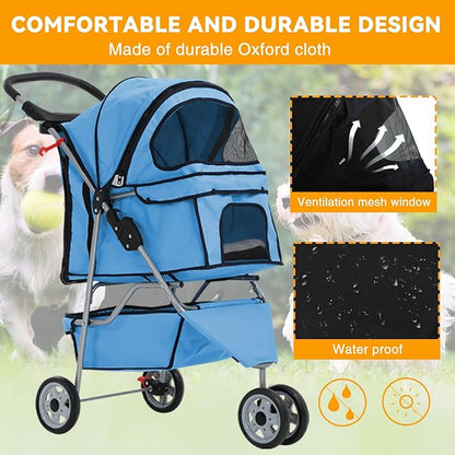 HCY Folding Dog Stroller, 3 Wheels Pet Strollers Pet Gear for Small Medium Cats Dogs Puppy with Storage Basket, Cup Holder,Lightweight Blue 35.04inchx17.32inchx38.58inch