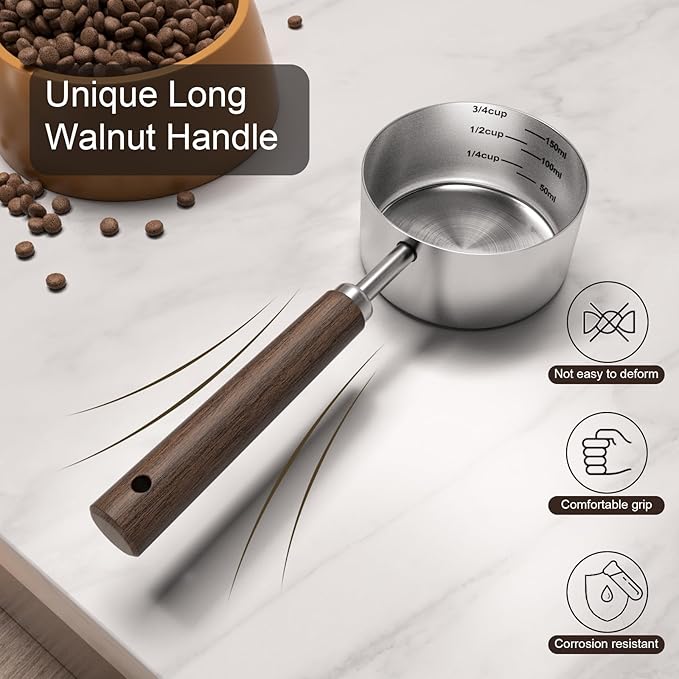 Dog-Cat Food Scoop Measuring-Cup - 3/4 Cup (6 Oz),304 stainless steels,Black walnut long handle