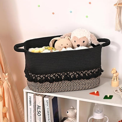 2 Pack Storage Basket for Shelves, Boho Cotton Rope Storage Bins with Heavy Tassel, Shelf Baskets Large Woven Baskets for Organizing, Cube Organizer Bins, Baby Laundry Basket for Clothes, Toys, Pets