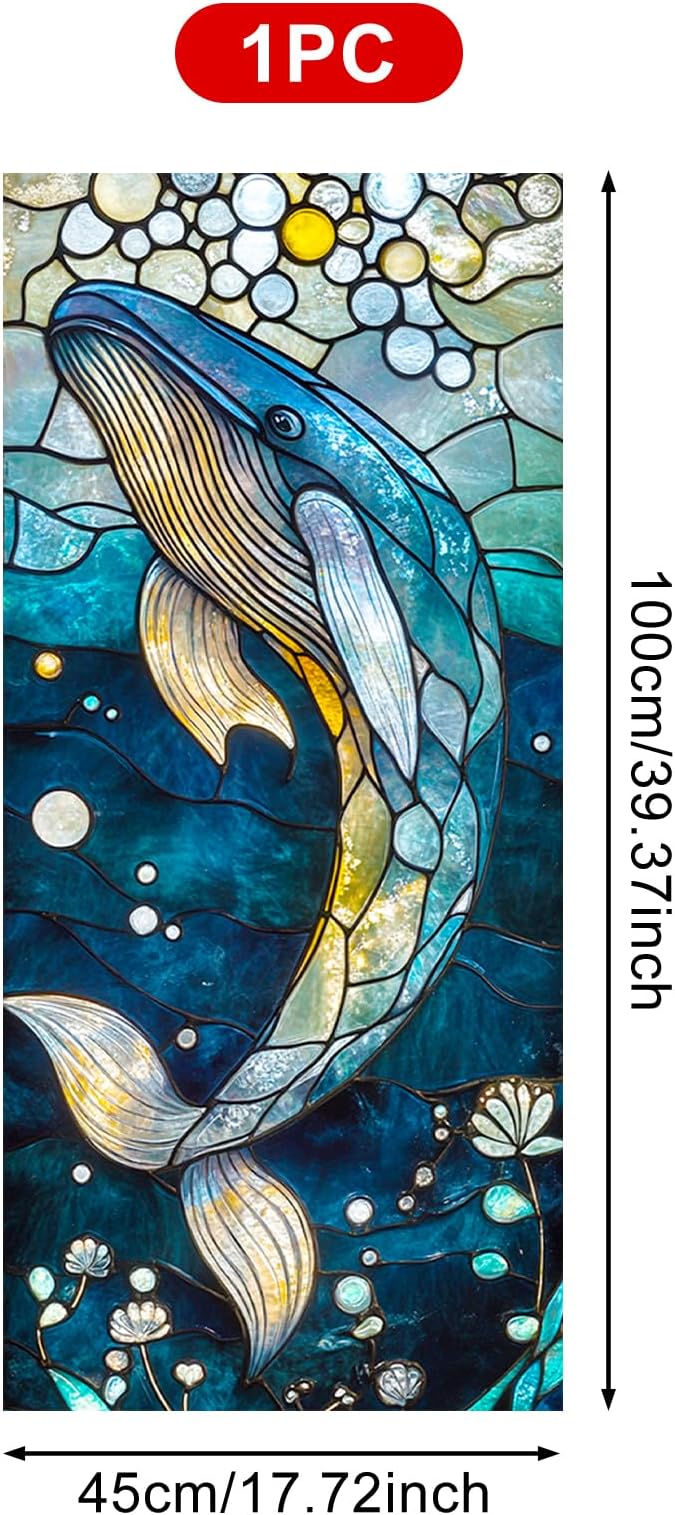 Ocean Whale Mosaic Window Film 18 x 39 Inch Stained Glass Window Cling PVC Privacy Wall Panel Glass Art Underwater Background Indoor Seasonal Backdrop Home Decor