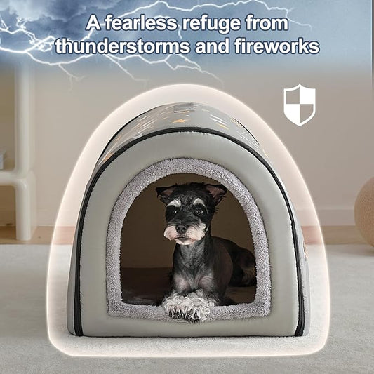 Jiupety Indoor Dog House, 2-in-1 Portable Foldable House Bed with Cover, Pet Tent & Cave Bed for Medium Dogs, XL(28"×21"×19"), Up to 40 Lb, Grey