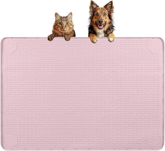 Dog Food Mat, Extra Large 34" x 22" Silicone Pet Feeding Mat with Raised Edge Pet Placemat for Small, Medium, and Large Pets Non-Slip, Easy to Clean (Pink)