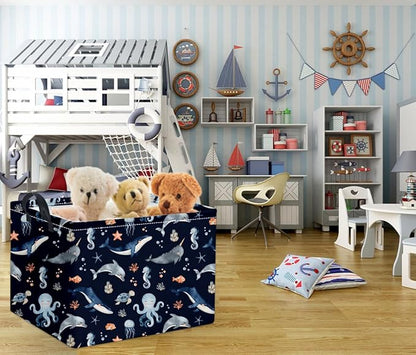 HIYAGON Rectangular Ocean Basket Kids Baby Storage Bin Toy Organizer Box for Boys Under the Sea Nursery Decor(Ocean)
