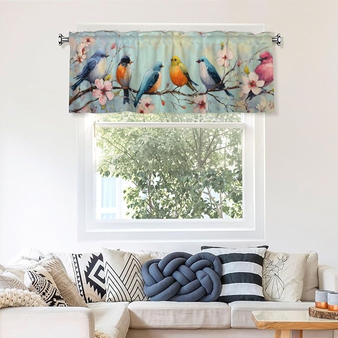 Spring Floral Bird Curtain Valance Short Rod Pocket Window Treatment for Living Room Bedroom Kitchen Bathroom 1 Panel 54" W x 18" L