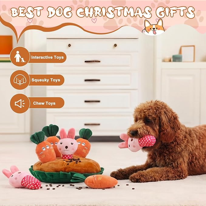 Skylety 7 Pcs Easter Interactive Dog Toys Set, Snuffle Mat for Dogs, Treat Hiding Puzzle and Squeaky Plush, Carrot Bunny Dog Toys for Small Medium Dogs, Training and Boredom Relief Plaything