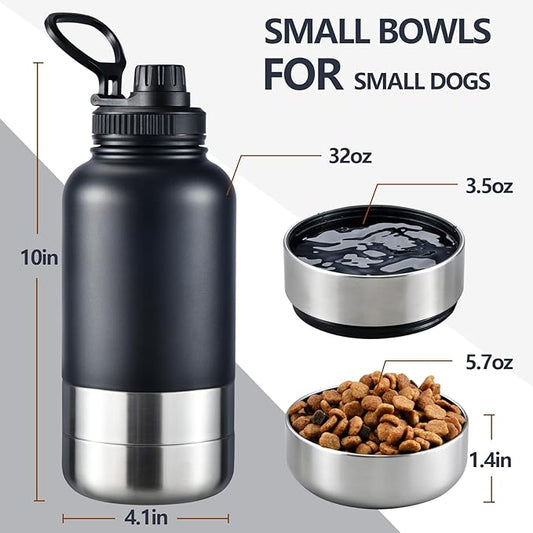 Insulated Dog Water Bottle with 2 Bowls, 32oz Travel Stainless Steel Double Wall Thermos, Portable Pet Dispenser, Gifts for Puppy Small Medium Dogs Walking Hiking and Camping