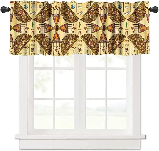 Vintage Ancient Egypt Valance Curtains, Old Egyptian Hieroglyphics Print Mysterious Egypt Culture Window Valance Curtain for Farmhouse Bedroom Living Room Kitchen 54x18inch