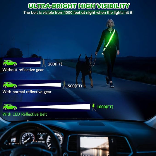 LED Reflective Belt Sash, Rechargeable LED Light Night Safety Walking Gear, High Visibility Adjustable Reflective Gear for Runners Walkers Cyclists at Night (Green)
